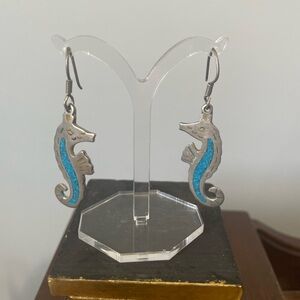 Vintage 925 Silver & Crushed Turquoise Seahorse Earrings Mexico